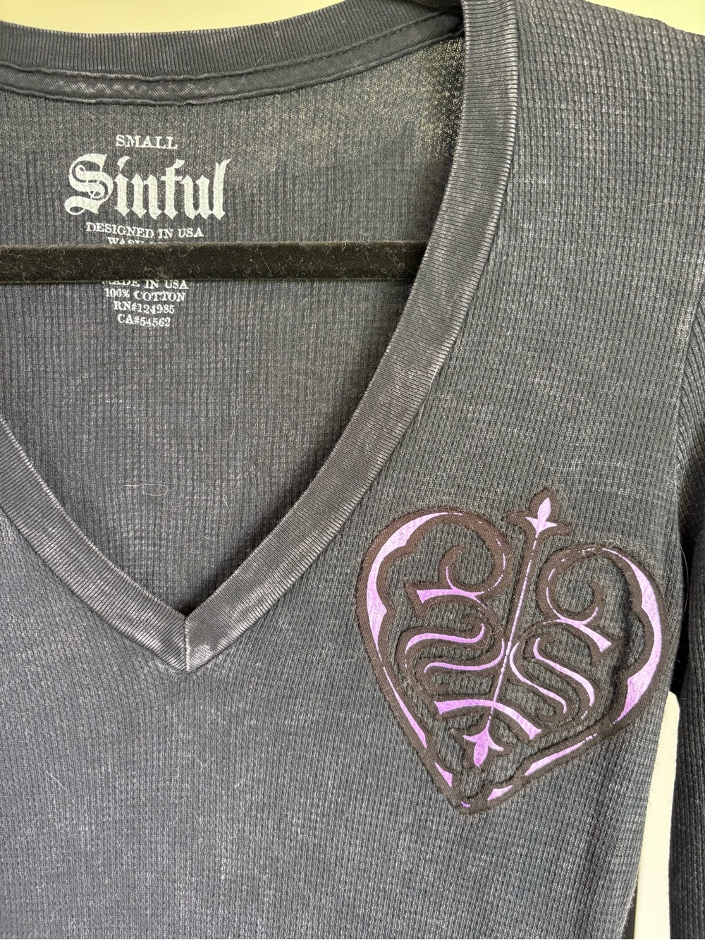 Sinful Black V-Neck Long Sleeve Thermal with Purple Heart Applique